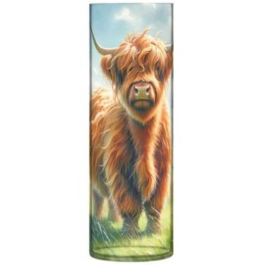 Imagem de Lindo vaso cilíndrico de vaca Highland Vaca Bezerro Vaso de flores personalizado grande vaso de outono floral plástico decoração de outono para quarto, 30 cm x 9,9 cm