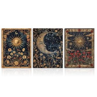 Imagem de Dazzlewall Pôster de arte de parede boho vintage, cartas de tarô misteriosas do sol e lua, estampas florais ocultas em tela para quarto, sala de estar, 30,5 x 40,6 cm, sem moldura