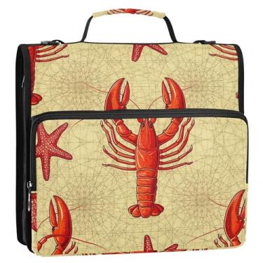 Imagem de Organizador de fichário com zíper, lagosta vermelha vibrante, bege, 3 cm, fichário de negócios resistente com alça de ombro para portfólio escolar e suporte de pasta de anel