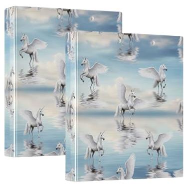 Imagem de Unicórnios brancos Pegasus Cloudy 3 fichários de 3 anéis comporta 200 folhas fofas 3 pastas de anel redondo fichário de escritório, 31,5 x 27 x 6 cm, pacote com 2