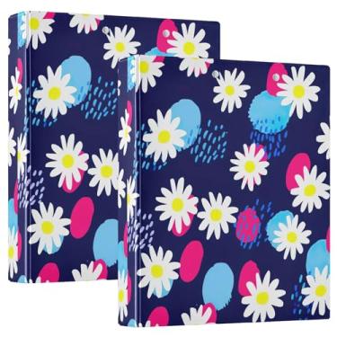 Imagem de Fichários personalizados com 3 anéis de margaridas brancas azul-marinho escuro 3 cm comporta 200 folhas, 3 pastas de anel, fichário de apresentação de anel redondo, 31,5 x 27 x 6 cm, pacote com 2