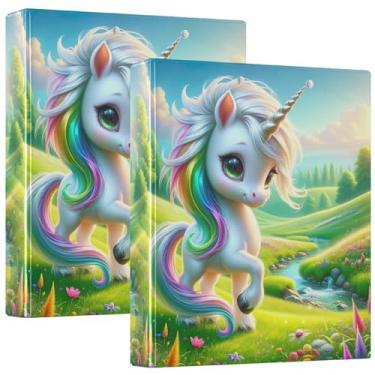 Imagem de Fichário de três anéis de mola de unicórnio personalizado com 3 cm, 200 folhas, lindo fichário para caderno, 31,5 x 27 x 6 cm, pacote com 2