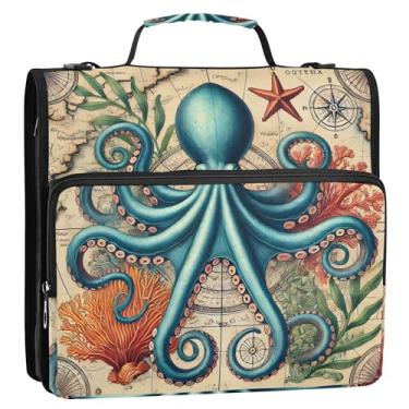 Imagem de Organizador de fichário com zíper, polvo azul, aventura marítima, 3 anéis, fichários personalizados de 3 cm com alça para bolsa de ensino médio, portfólio e estojo para pasta de anel