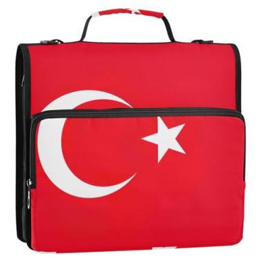 Imagem de Organizador de fichários com 3 anéis de 3 anéis com bandeira nacional turca resistente com zíper, bolsa escolar com alça de ombro, portfólio de documentos e estojo para pasta de anel