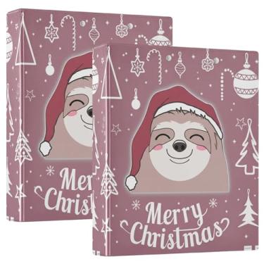 Imagem de Fichários personalizados de preguiça de Natal de 3 cm com 3 anéis para guardar 200 folhas, 3 pastas de anel, anel redondo fofo, fichário resistente, 31,5 x 27 x 6 cm, pacote com 2