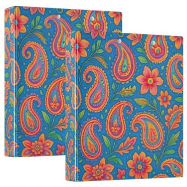 Imagem de Fichários coloridos de 3 anéis em azul floral paisley, 3 polegadas, comporta 200 folhas, pastas modernas, caderno, anel redondo, fichário resistente, 31,5 x 27 x 6 cm, pacote com 2