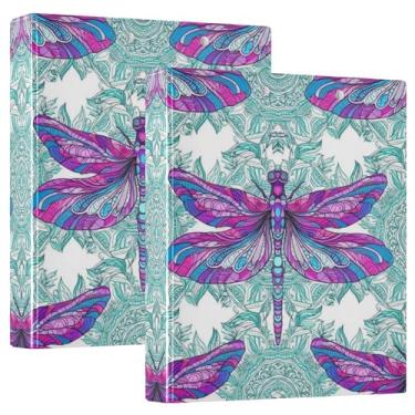 Imagem de Fichários personalizados de 3 anéis libélulas roxas vibrantes verdes 3,8 cm comporta 200 folhas, portfólio, anel redondo, fichário de escritório, 31,5 x 27 x 6 cm, pacote com 2
