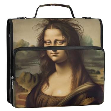 Imagem de Fichários de 3 cm com 3 anéis, pintura Mona Lisa divertida, resistente, fichário com zíper, fichário organizador com alça, bolsa escolar de ensino médio, suporte para 500 folhas