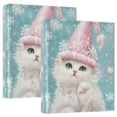 Imagem de Fichários de chapéu de Papai Noel rosa para gatos de inverno de 3 cm, 3 argolas, 200 folhas, pastas de portfólio de pintura, fichário redondo, 31,5 x 27 x 6 cm, 1 pacote