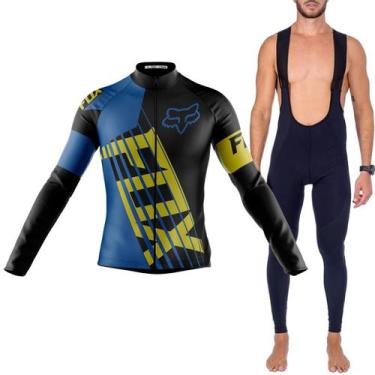 Imagem de Kit Bretelle Gel Camisa Longa Ciclismo Fox Azul Dryfit Uv - Decole, Pr