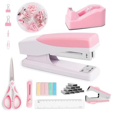 Imagem de Benjojo Material de escritório rosa, acessórios de mesa rosa para mulheres, conjunto de grampeador fofo e dispensador de fita - removedor de grampeadores, clipes, grampos, tesoura, faca, régua, abas