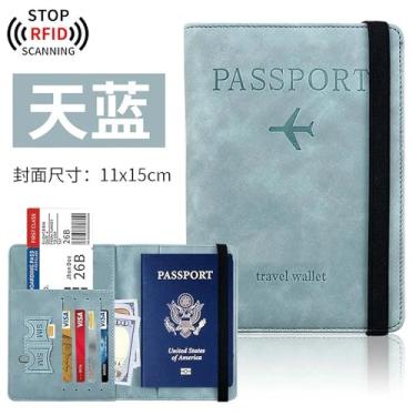 Imagem de Capa carteira azul claro à prova d'água, porta-passaporte, couro PU, porta-cartões, para mulheres e homens, acessórios de viagem indispensáveis para bagagem de férias