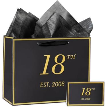 Imagem de momoake Saco de presente de aniversário de 18 anos com cartão e papel de seda para homens e mulheres, 2007 18 anos de idade 33 cm elegante ouro preto aniversário lembrança festa presente compras sacos