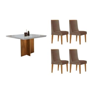 Imagem de Sala Jantar Mesa Berlim Tampo Curvo 90cm+4 Cadeiras Dakota Madeira Naturale - Capuccino/Corano Capuccino - Rufato