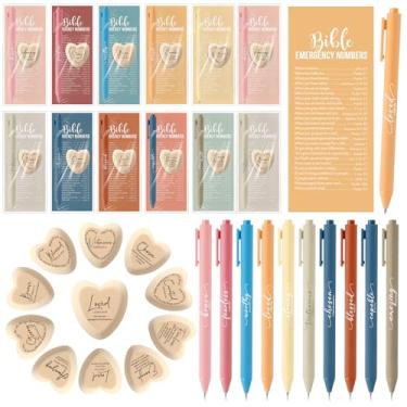 Imagem de Gersoniel Conjunto de 30 presentes cristãos inspiradores para mulheres, coração, bolso, abraço, bíblia, números de emergência, canetas, marcadores de livro de madeira, presente de oração para Dia dos