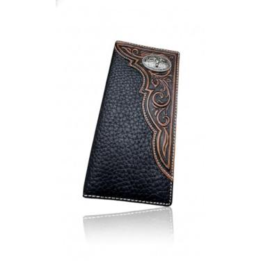 Imagem de Carteira longa de couro floral em relevo trabalhado em couro macio longhorn concho estilo caubói feito à mão carteiras masculinas de alta qualidade presentes de couro para homens, Preto, Carteira