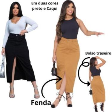 Imagem de Saia midi jeans preta cintura alta com fenda / abertura na frente com 