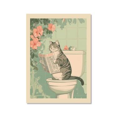 Imagem de Tela de arte de parede de banheiro japonês com gatos lidos jornal pôster de flores abstratas impressões de animais engraçados pintura zen minimalista decoração de banheiro spa para casa de banho