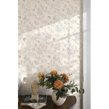 Imagem de Simon&Siff Papel de parede azul e creme descasque e cole pássaros florais vintage papel de parede autoadesivo removível para decoração de armários de quarto 1,219 cm x 43,9 cm
