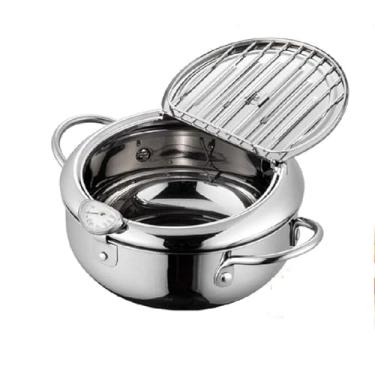 Imagem de LNGCLTEZ Fritadeira com controle de temperatura, frigideira profunda, panela de fritadeira tempura, com termômetro, tampa e escorredor de óleo, panela antiaderente para cozinhar na cozinha, 20 cm