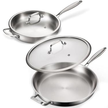 Imagem de DELARLO Frigideira de 2 peças de aço inoxidável de 30 cm e 35 cm, com tampa, resistente, compatível com indução, elétrica de até 343 °C, aquecimento rápido e uniforme, durável, lava-louças e