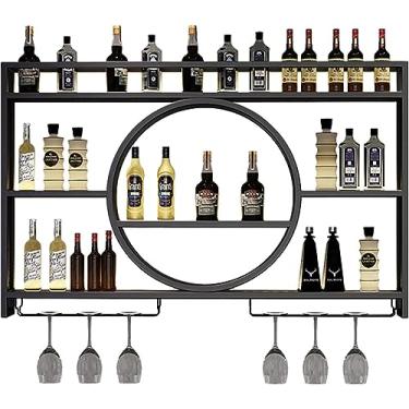 Imagem de Rack de exibição de vinho de metal montado na parede - moderno rack de vinho redondo, prateleiras flutuantes de unidade de bar industrial, suporte de exibição de ferro para casa, restaurante, bares