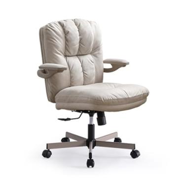 Imagem de Cadeira executiva clássica de tecido branco para escritório executivo, cadeira de mesa ergonômica com braços articulados acolchoados, cadeira giratória giratória para adultos trabalhando, escritório