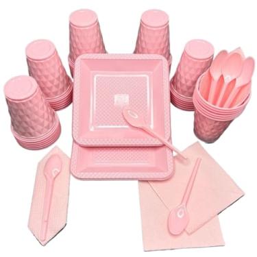 Imagem de Conjunto para festa de aniversário com 180 peças Pratos, copos, colheres e guardanapos em tons doces Serve 40 convidados(Rosa Candy)