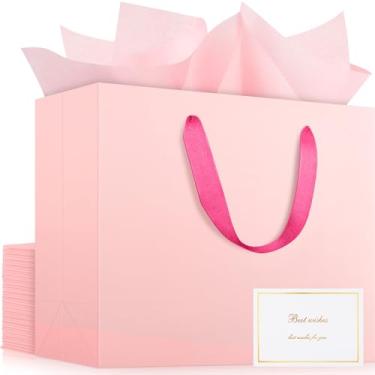 Imagem de EUSOAR Sacos de presente rosa grandes, 20 peças de sacos de papel de compras de 40,6 x 15,2 x 30,5 cm com alças, 50 peças de papel de seda rosa de 50,8 cm x 76,2 cm e 20 peças de cartões de