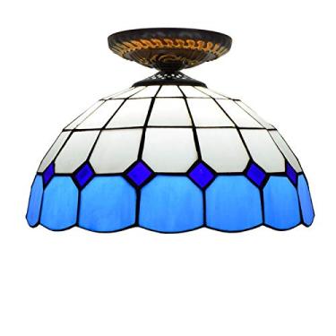 Imagem de Lustre de teto Tiffany de 30 cm (12 polegadas) com vitrais coloridos, estilo vintage, ideal para sala de estar, sala de jantar, quarto e corredor (azul).