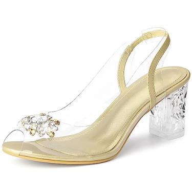 Imagem de Perphy Sandálias femininas de salto bloco Peep Toe com strass transparente, Dourado, 38