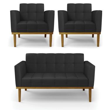 Imagem de Conjunto 2 Poltronas e 1 Namoradeira Decorativa Karen Pés Fixo em Madeira Castanho PU Preto G19 - Gran Belo