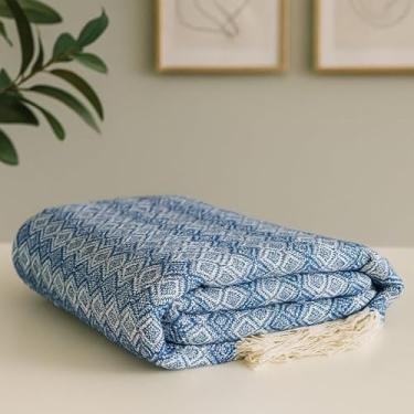 Imagem de Manta para sofá extragrande 2,40 x 1,80 metros Capa protetora de algodão Decoração para quarto (TAMBABA AZUL COM BRANCO)