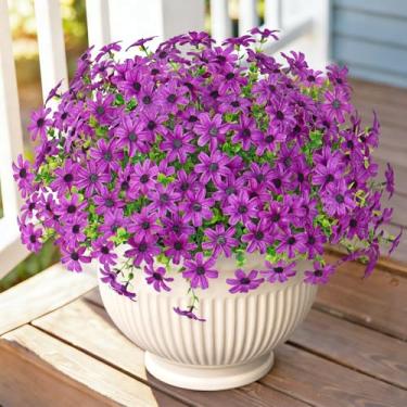 Imagem de Weldomcor Plantas de flores artificiais para atividades ao ar livre, 8 pacotes de seda falsa roxa margarida primavera verão, buxo sintético resistente a UV, decoração externa para casa, jardim