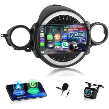 Imagem de Volxcereo Rádio de carro para Mini Cooper R56 2007-2014, [2G + 64G] 22.9 cm Android Touchscreen estéreo com Carplay/Android Auto, GPS, WiFi, Bluetooth, SWC, FM/RDS, equalizador + câmera de reserva