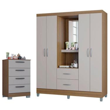 Imagem de Cômoda 867 4 Gavetas Com Guarda Roupa Solteiro Córdoba 4 Portas Castanho Off White - Poquema