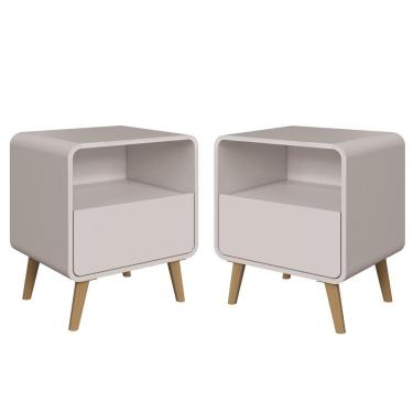 Imagem de Kit Conjunto 02 Mesas De Cabeceira Canto Curvo Com Nicho 01 Gaveta E Pés Palito Retrô Bege Dunas