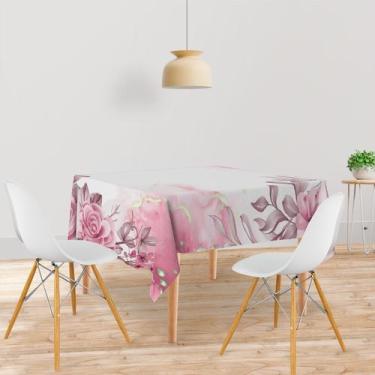 Imagem de Toalha De Mesa Quadrada Tecido Oxford Flores Aquarela Tons de Rosa Esc