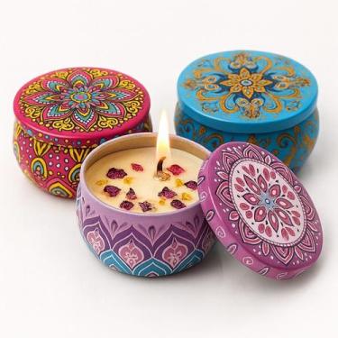 Imagem de Kit 3 Velas Aromáticas Relaxantes Decorativas Lata Mandala Velas Perfu