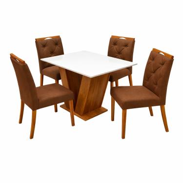 Imagem de Mesa de Jantar Classic 120x80cm com Vidro e 4 Cadeiras Jasmim em Veludo Estofadas Cel Móveis Cor Cinamomo Off White com Tecido Marrom