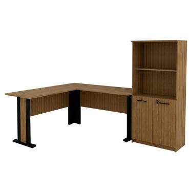 Imagem de Mesa Escrivaninha De Canto Armario Para Escritorio 02 Portas Amendoa Preto Tecno Mobili