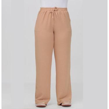 Imagem de Calça Pantalona Wide Leg Duna Elástico Social Cintura Alta - LLEV, Beg