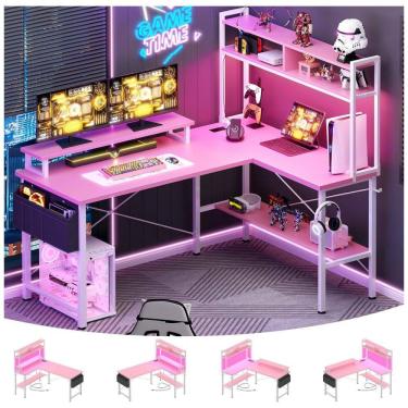 Imagem de Mesa Gamer em L Aheaplus Rosa com Tomadas Elétricas, Luzes LED, Suporte para Monitor e Prateleiras, 48 polegadas (121 cm)
