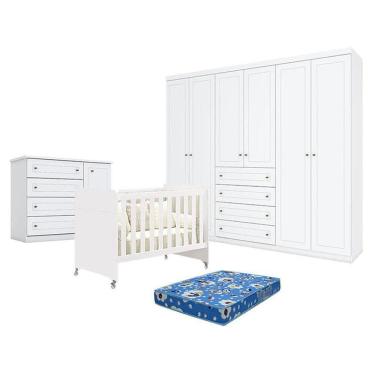 Imagem de Quarto De Bebê Americano 6 Portas Com Berço Americano Evolution 4 Em 1 Branco Acetinado Reller E Colchão Tendtudo - Henn