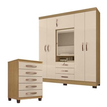Imagem de Guarda Roupa Casal Imperial com Cômoda Cannes 5 Gavetas Carvalho Americano Off White – Incorplac