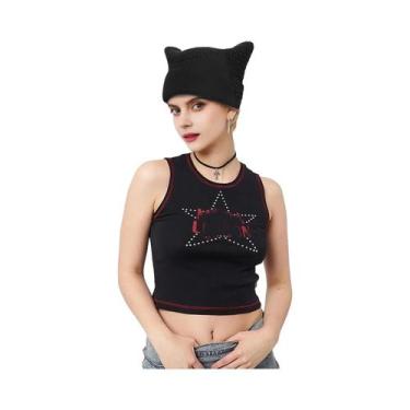 Imagem de Gorro Feminino Com Orelhas De Gato Y2K Listrado De Tricô Quente De Inv