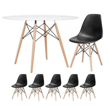 Imagem de Loft7, Kit - Mesa redonda Eames 120 cm branco + 5 cadeiras Eiffel Dsw Preto