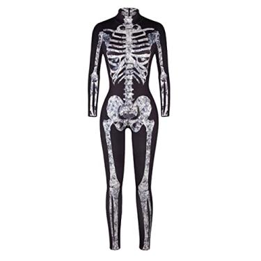 Imagem de Women Halloween Skeleton Jumpsuit Bodysuit Costume Scary Skull Print Long Sleeve Skinny Catsuit X Large