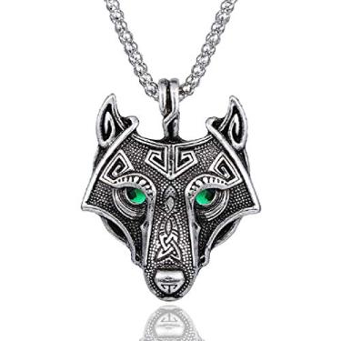 Imagem de Colar de lobo viking nórdico para homens, colar com pingente de cabeça de lobo olho verde com corrente de 59,9 cm, colar de totem de lobo retrô, colar de amuleto de símbolo de lobo vintage, joia de