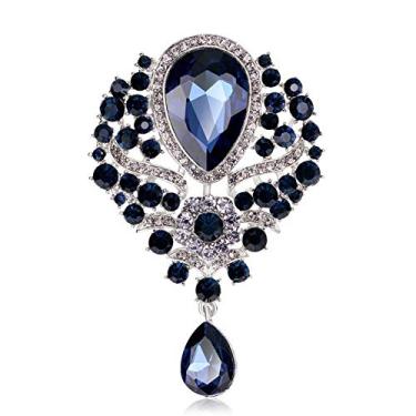 Imagem de JewelBeauty broche feminino de cristal prateado buquê flor lágrima grande lindo buquê broche, Dark Blue